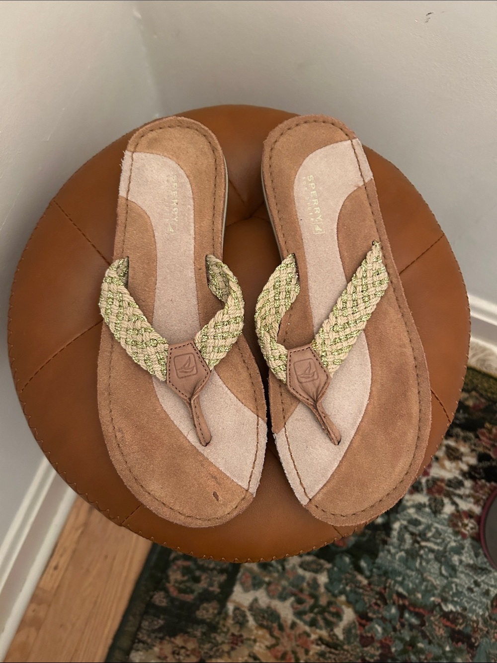 Sperry Women's Braided Thong Sandals in Tan and Light Green